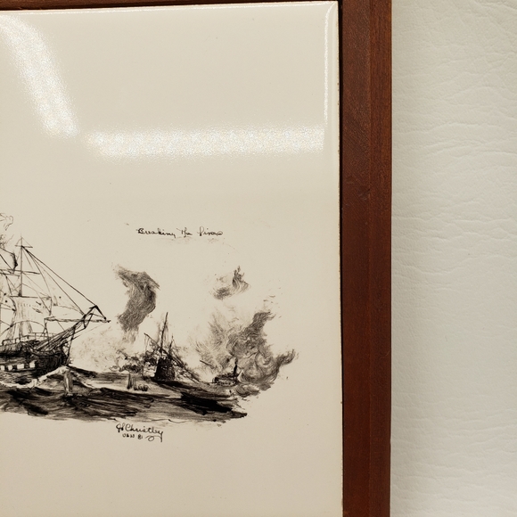 Vintage H&R Johnson Framed Tile Trivet from England Sailboats Shipwreck RARE. - Picture 8 of 9